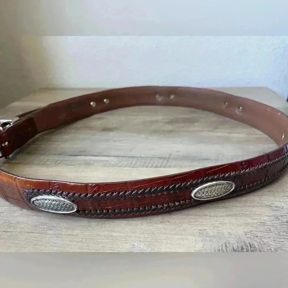 Vintage Cognac Croc-Embossed Leather Belt with Silver-Tone Buckle
